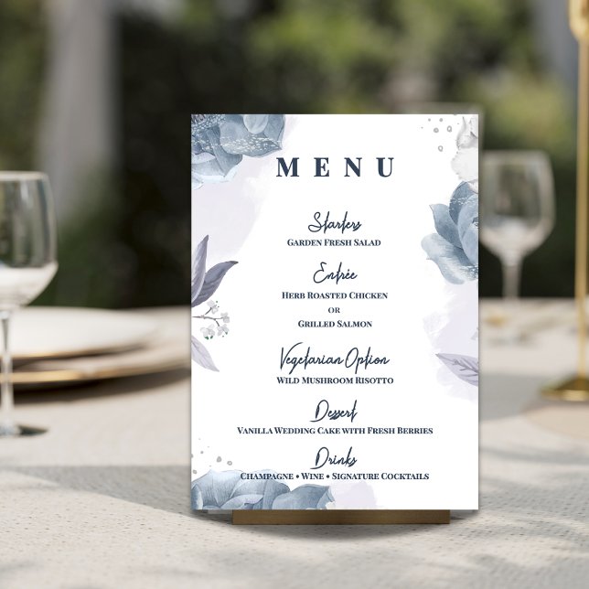 Menu Recepção de Casamento com Flores Azuis Desbotadas (Dusty Blue Floral Wedding Menu | Romantic Reception Menu Card)