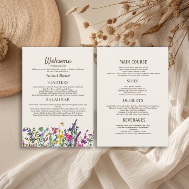 Menu Recepção de Casamento com Flores Silvestres em Aqu (Watercolor wildflowers wedding reception 5"x7" menu)