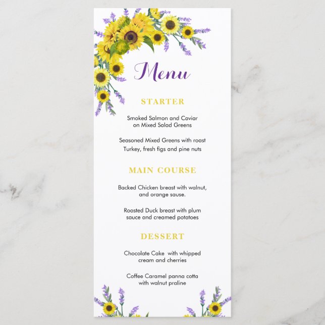Menu Recepção de Casamento com Girassóis Florais e Lava (Frente)