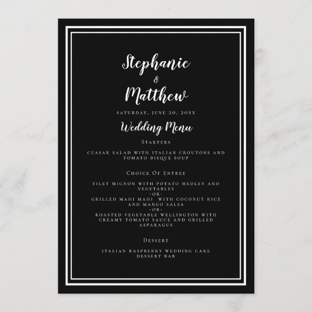 Menu Recepção de Casamento com Jantar em Preto e Branco (Frente)