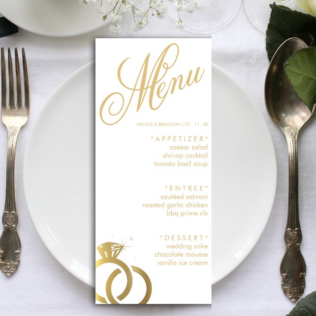 Menu Recepção de casamento de Anel de Diamante Branco e (White & Gold Diamond Ring Wedding Reception Menu)