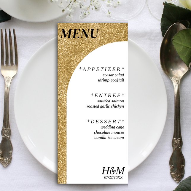 Menu Recepção de casamento de Arco Curvo com Brilho Bra (White & Gold Glitter Curved Arch Wedding Reception Menu)