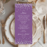 Menu Recepção de casamento de brilho de prata roxa<br><div class="desc">Púrpura elegante com o menu de recepção de casamento com brilho prateado. Personalizado com os nomes da noiva e do noivo e sua data de casamento. Este menu pode ser estendido para o fundo dependendo das suas necessidades pessoais ou preferências. Entre em contato comigo para obter ajuda com a personalização....</div>