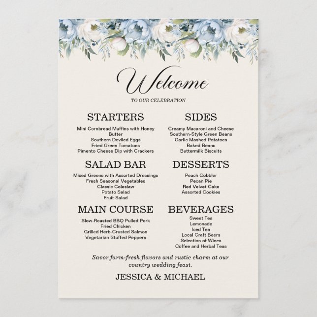 Menu Recepção de Casamento de Campo Floral Azul Dusty (Frente)