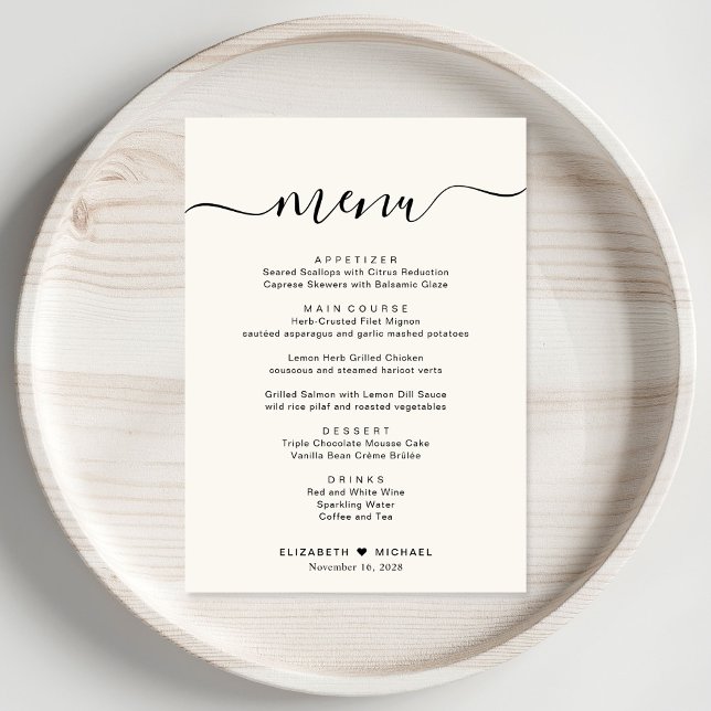Menu Recepção de casamento de Creme de Script Elegante (Criador carregado)