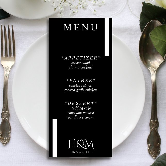 Menu Recepção de casamento de distribuição moderna a pr (black and white wedding menu)