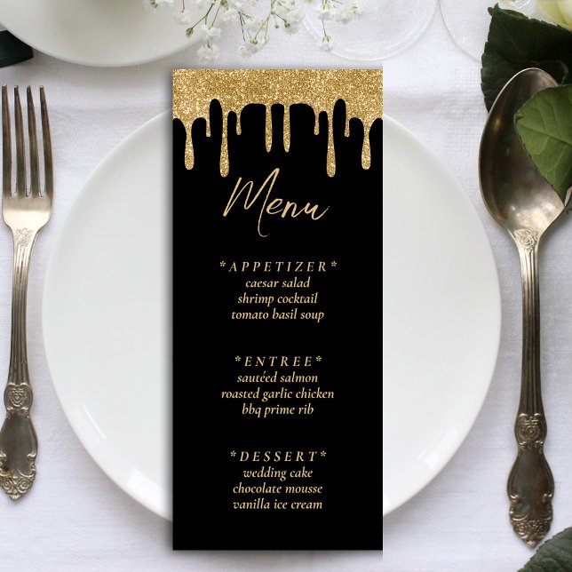 Menu Recepção de casamento de Drives de Glitter Preto e (Black & Gold Glitter Drip Wedding Reception Menu)