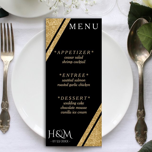 Menu Recepção de casamento de faixa de brilho preto e D (Black & Gold Glitter Stripe Wedding Reception Menu)