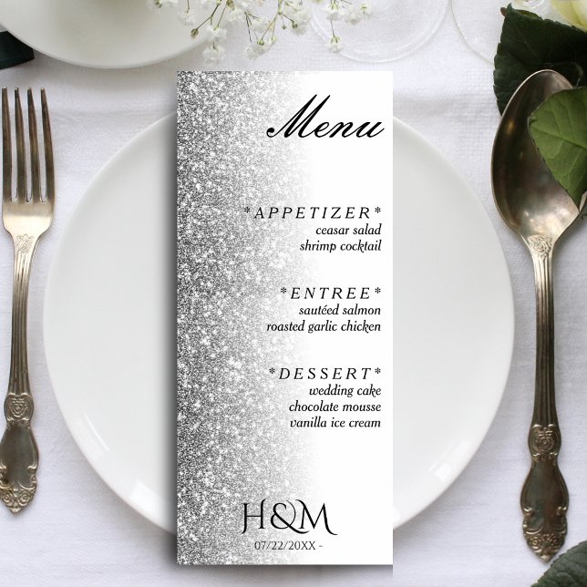 Menu Recepção de casamento de Janta de brilho branco e  (White & Silver Glitter Dinner Wedding Reception Menu)