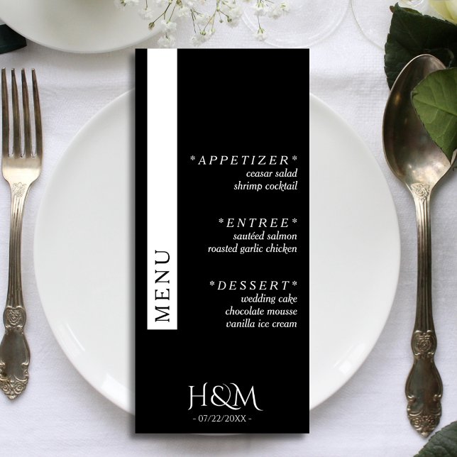 Menu Recepção de casamento de Janta de faixa simples pr (black and white wedding menu)