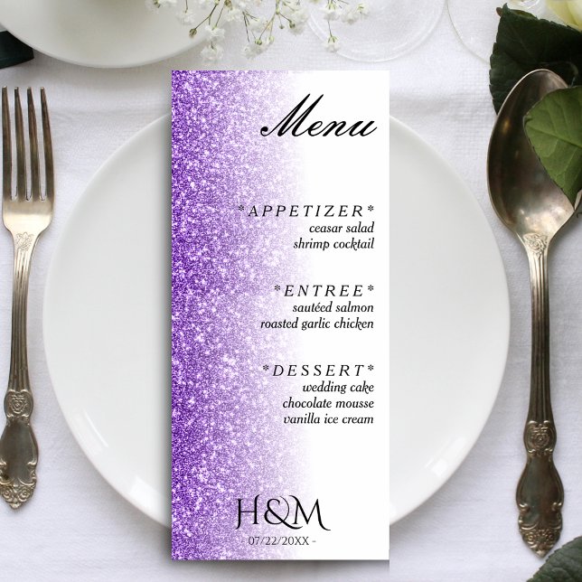 Menu Recepção de casamento de Janto de brilho branco e  (White & Purple Glitter Dinner Wedding Reception Menu)