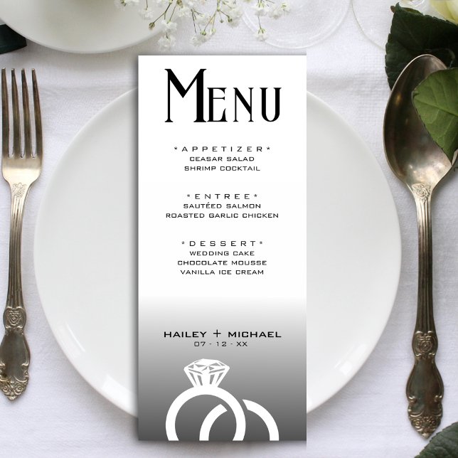 Menu Recepção de Casamento de Mão Preta e Branca (Black & White Ombre Wedding Ring Reception Menu)