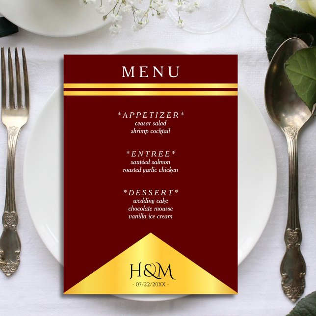 Menu Recepção de casamento de Rico de faixa Dourada (burgundy red and gold wedding menu)