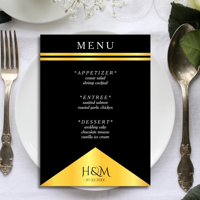 Menu Recepção de casamento de Rico de faixa Dourada e p (black and gold wedding menu)