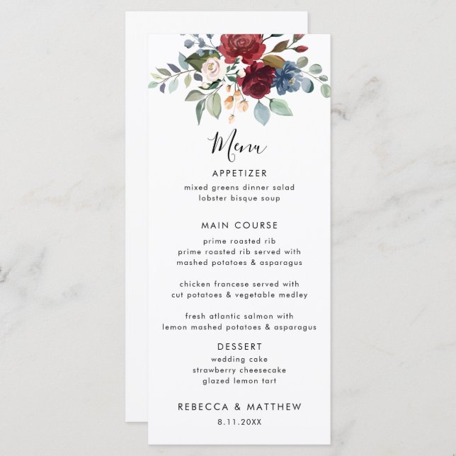 Menu Recepção de casamento de Script de Aquarela Floral (Frente/Verso)
