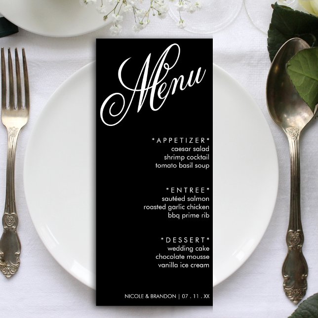 Menu Recepção de casamento de Script Elegante Preto e B (Black & White Elegant Script Wedding Reception Menu)