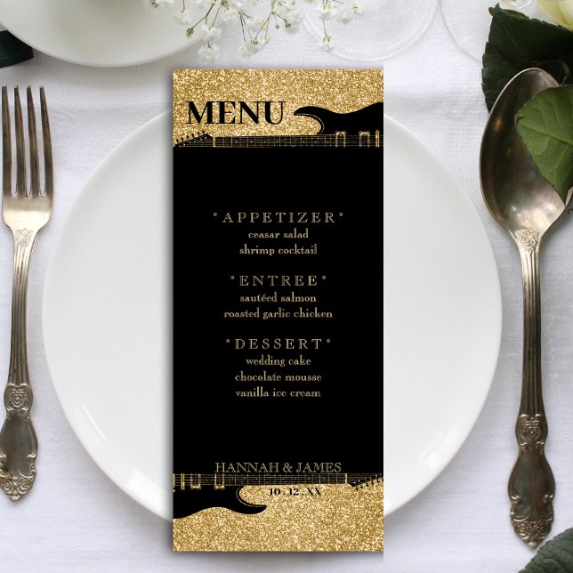 Menu Recepção de casamento de Violão Preto e Dourado (Black & Gold Glitter Guitar Wedding Reception Menu)