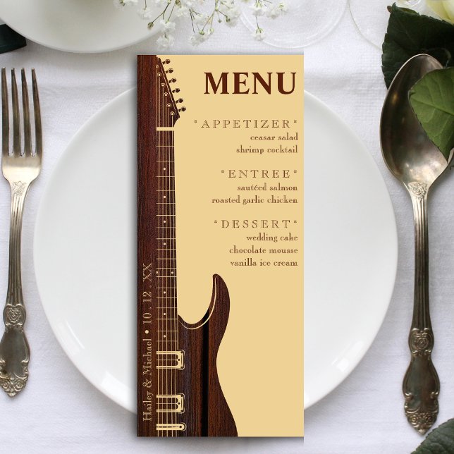Menu Recepção de casamento de violão vermelho e castanh (Red Wood & Tan Brown Guitar Wedding Reception Menu)