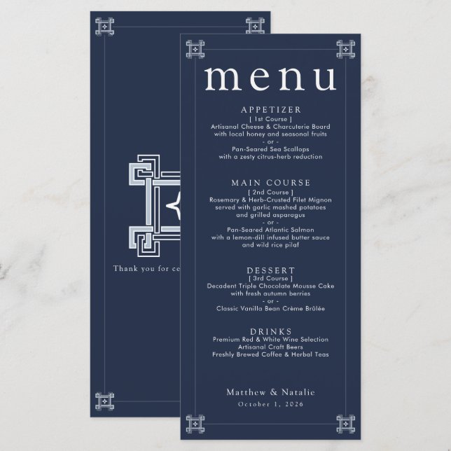 Menu Recepção de Casamento Elegante com Chave Grega Azu (Frente/Verso)