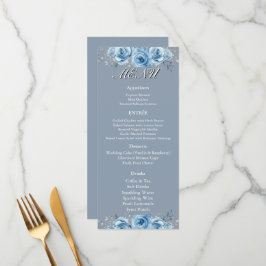 Menu Recepção de Casamento Floral com Aquarela Azul Des