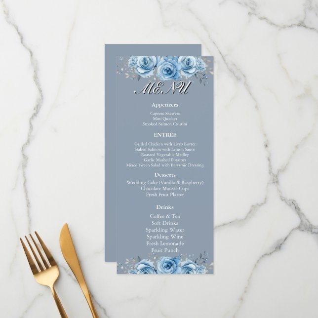 Menu Recepção de Casamento Floral com Aquarela Azul Des (Frente/Verso In Situ)