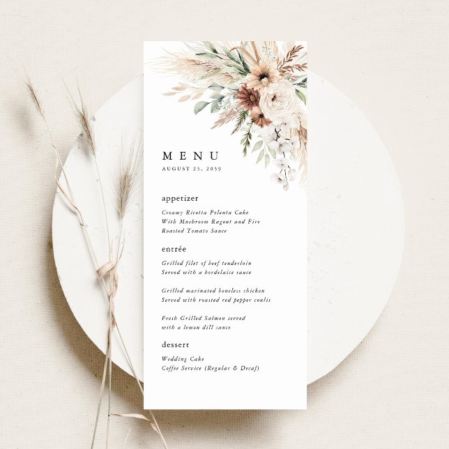 Menu Recepção de Casamento Floral com Grama Pampas Boho (Boho Pampas Grass Floral Wedding Menu Card, Neutral Reception Menu, sage green terracotta menu)