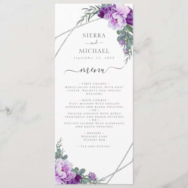 Menu Recepção de casamento Floral Elegante Roxo e Prata (Frente)