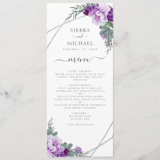 Menu Recepção de casamento Floral Elegante Roxo e Prata