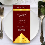 Menu Recepção de casamento Geométrica Dourada e Borgonh<br><div class="desc">Cartão de recepção de casamento vermelho-escuro com triângulo geométrico de bloco dourado e faixas. Tipografia elegante para um olhar caro sobre o preço do barato. Personalize a lista de refeições e os detalhes pessoais. Excelente para um moderno tema minimalista do casamento com um toque de estilo.</div>