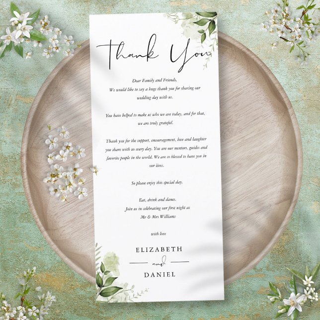 Menu Recepção de casamento Greenery, Obrigado, Placa (Greenery Wedding Reception Thank You Place Card)