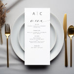 Menu Recepção de casamento Moderna Elegante Minimalista<br><div class="desc">Apresentando nosso Menu de Casamento Moderno Minimalista Preto e Branco, uma adição refinada e elegante à sua capa de casamento que equilibra perfeitamente o design contemporâneo com a sofisticação do eterno. Criados com precisão e olho para a estética minimalista, esses menus são projetados para elevar sua experiência de jantar e...</div>