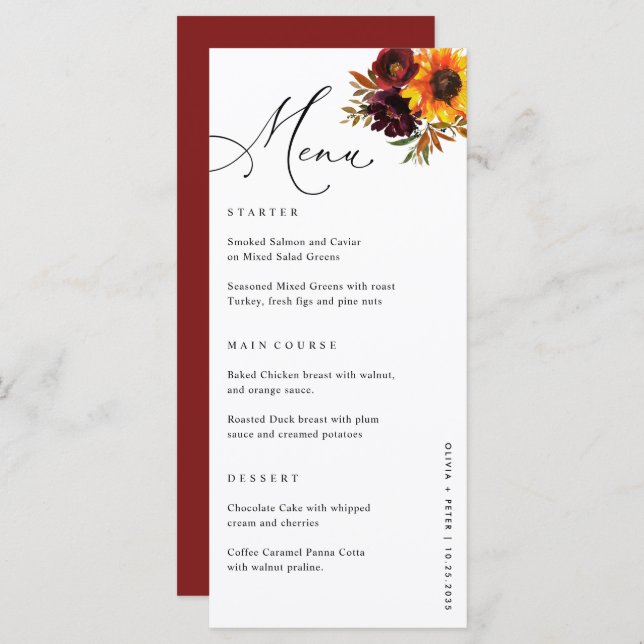 Menu Recepção de Casamento outono de Girassol Floral (Frente/Verso)