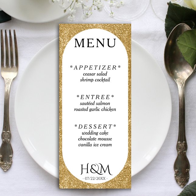 Menu Recepção de casamento Oval Branco e Dourada (White & Gold Glitter Concave Wedding Reception Menu)