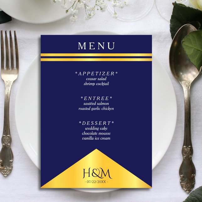 Menu Recepção de casamento Rico marinho azul Dourado St (navy blue and gold wedding menu)