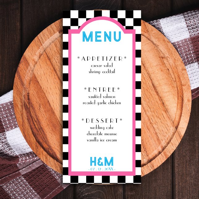 Menu Recepção de casamento rosa do quadro de verificaçã (Retro Diner Checkerboard Pink Wedding Reception Menu)