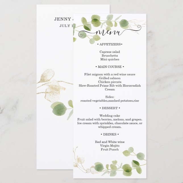 Menu Recepção de Casamento Rústico com Eucalipto Dourad (Frente/Verso)