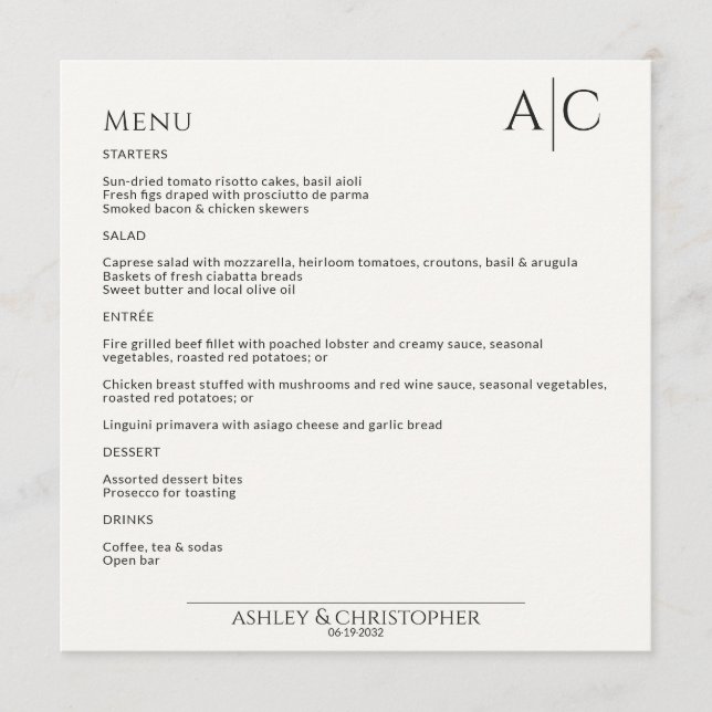 Menu Recepção de casamento Simples de Monograma Preto e (Frente)