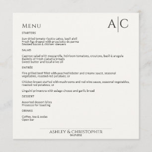 Menu Recepção de casamento Simples de Monograma Preto e