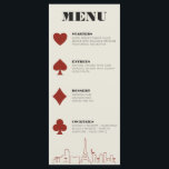 Menu Recepção de casamento Skyline do Casino de Las Veg<br><div class="desc">Um Janto do casamento de destino moderno e divertido em Las Vegas que irá adicionar um detalhe especial ao seu evento em Las Vegas! Este menu de casamento apresenta gráficos vermelhos de cartas de jogar, uma renderização moderna do horizonte de Las Vegas, além de fontes e textos totalmente personalizáveis sobre...</div>