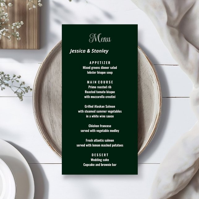 Menu Recepção de casamento verde esmeralda minimalista (Criador carregado)
