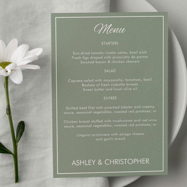 Menu Recepção de casamento Verde Sage de Script Minimal (Criador carregado)