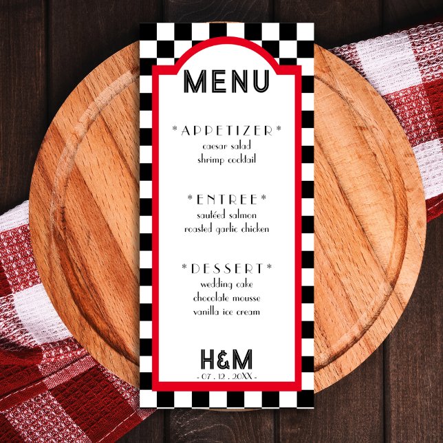 Menu Recepção de casamento Vermelha do Quadro de Verifi (Retro Diner Checkerboard Red Wedding Reception Menu)
