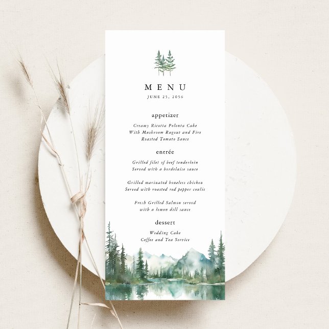 Menu Recepção de Jantar de Casamento no Bosque do Lago  (Mountain Lake Wedding Menu Card, Watercolor Woodland Wedding Menu, Forest Wedding Reception Menu)