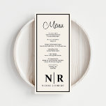 Menu Recepção De Monograma De Casamento Ou Janto De Noi<br><div class="desc">Nossos Menus de Recepção de Monograma de Casamento Branco e Negro ou de Janto de Noivado, uma mistura de elegância de eterno e encanto personalizado perfeito para qualquer ocasião especial. Projetados com um sofisticado pano de fundo esbranquiçado e sofisticados sotaques pretos, esses menus adicionam um toque de elegância refinada ao...</div>