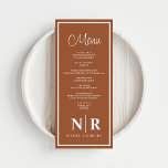 Menu Recepção De Monograma De Casamento Ou Janto De Noi<br><div class="desc">Apresentando nosso Terracotta e Monograma de Casamento Branco Recepção ou Menus de Janto Noivado, a combinação perfeita de elegância moderna e charme de eterno para sua ocasião especial. Projetados para elevar sua experiência de jantar, esses menus apresentam um fundo de terracota quente, emparelhado com sotaques brancos nítidos, criando um olhar...</div>