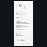 Menu Recepção Elegante De Casamentos De Caligrafia De L<br><div class="desc">Simples cardápio de janto de casamento elegante: Este elegante e simples cardápio de casamento preto e branco captura um sentimento suave e romântico que complementa perfeitamente qualquer tema de casamento moderno e eterno. Personalizado com os nomes dos casais, a frente do menu exibe lindamente cada curso em um layout limpo...</div>