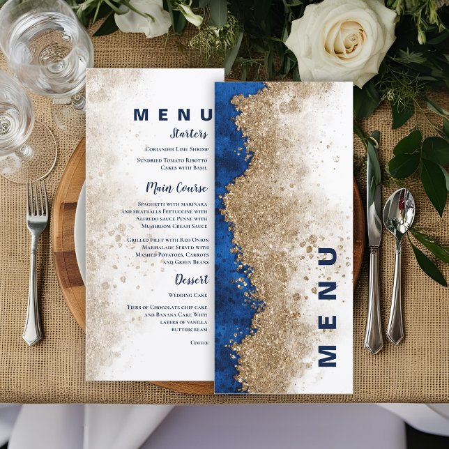 Menu Recepção Formal de Luxo Casamento Azul Real Dourad (Royal Blue Gold Wedding Menu Card | Elegant Blue and Gold Reception Menu)