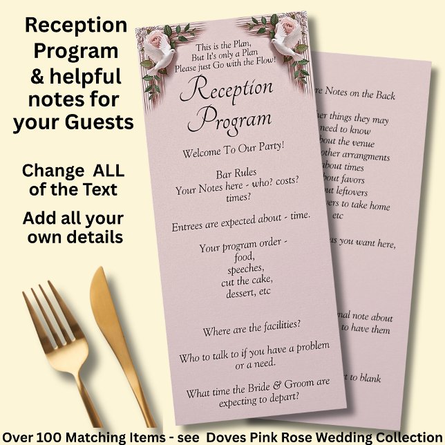 Menu Reception Program - Pink Roses & Doves Wedding (Criador carregado)