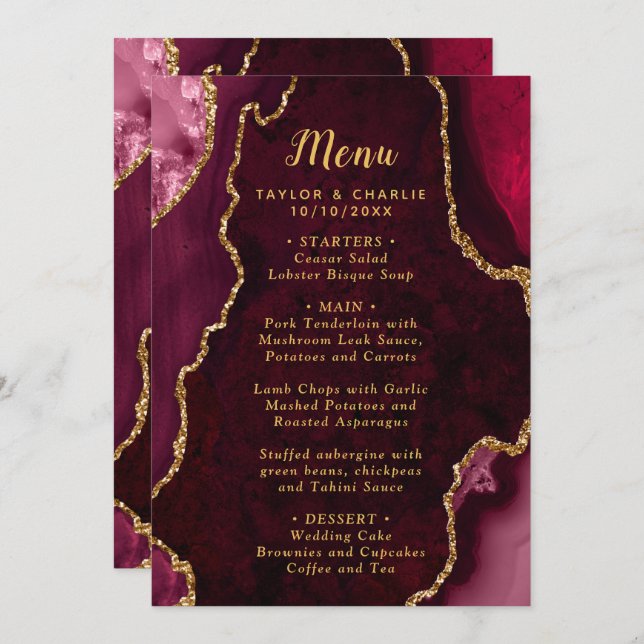 Menu Red and Gold Agate Marble Wedding (Frente/Verso)