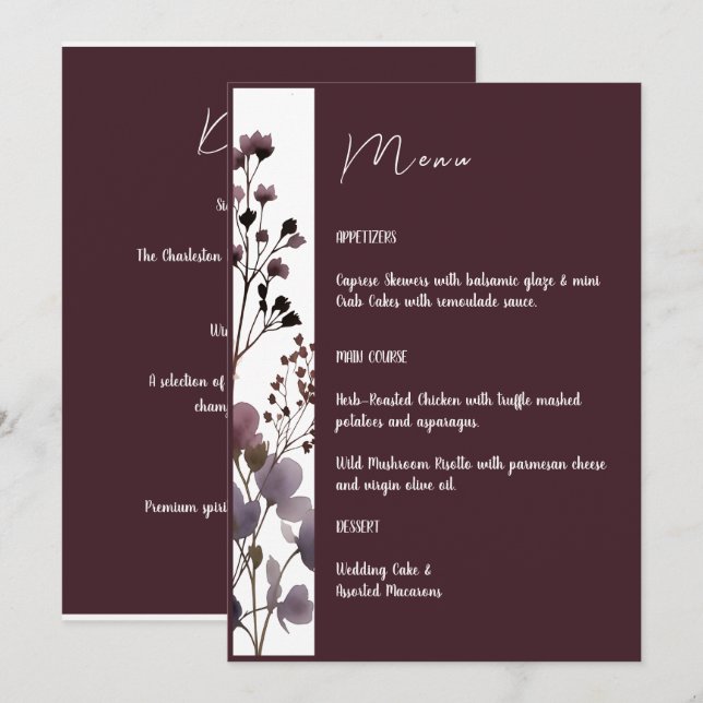 Menu Red Blush Floral Wedding Elegant Romantic (Frente/Verso)